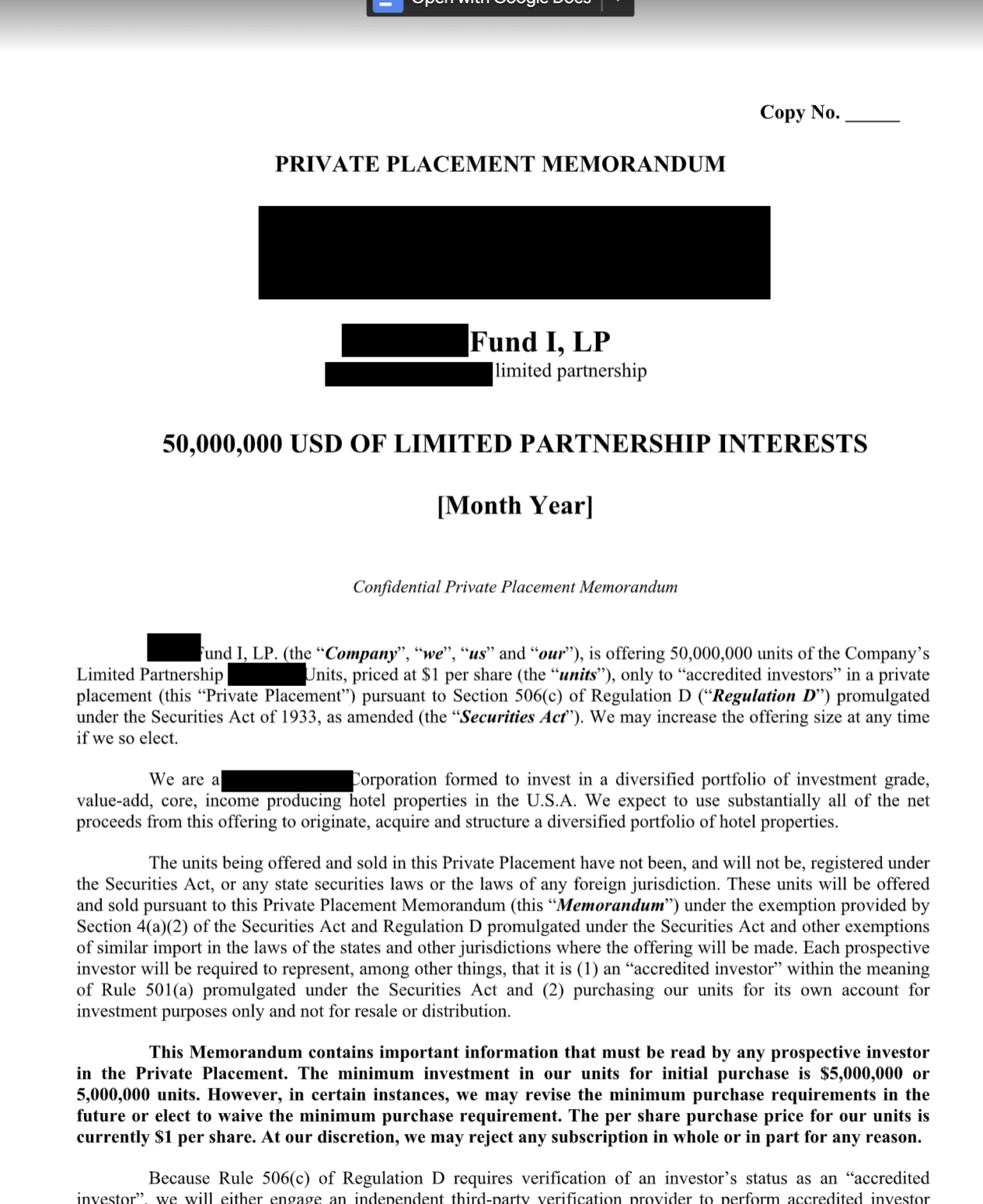 Private Placement Memorandum Example