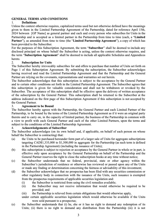 Subscription Agreement Page 3 - Terms & Conditions